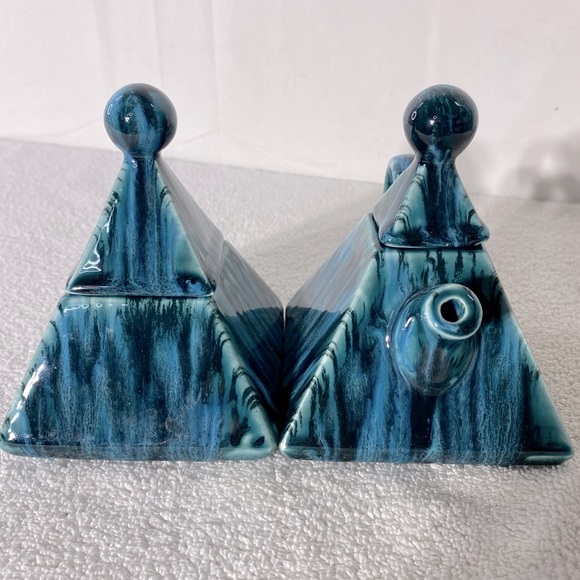 Handmade Blue Glaze Ceramic Pyramid Cream And Sugar Containers - Picture 7 of 11